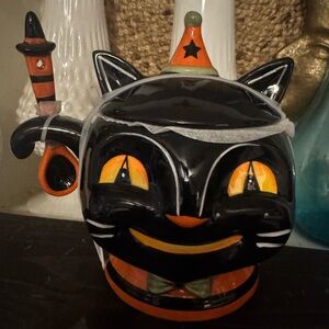 Johanna Parker Halloween Grinning Vinny the Black Cat Sugar Bowl Candy Jar New